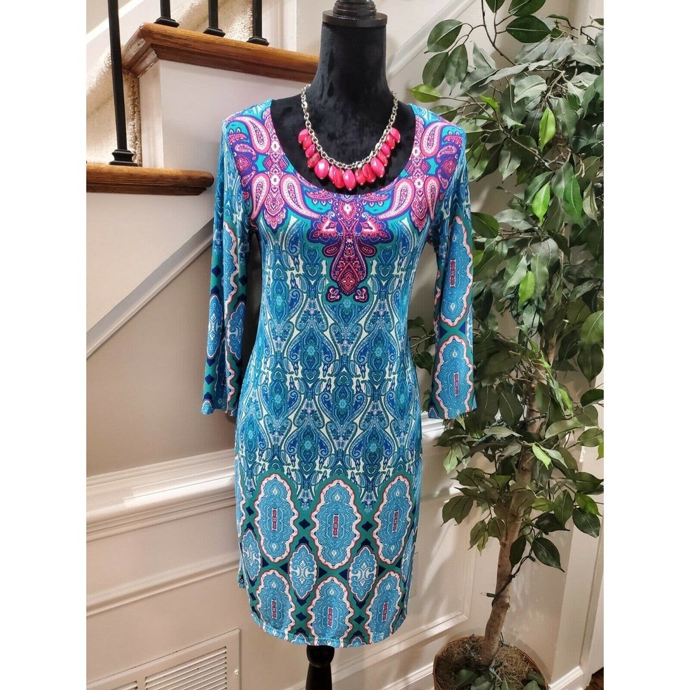 Neiman Marcus Women's Blue Polyester Round Neck Long Sleeve Knee Length Dress S